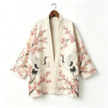 Kimono japonais unisexe en coton, style vintage, imprimé floral Sakura et grue, pour l'été, la plage, ou comme veste décontractée ample bohème