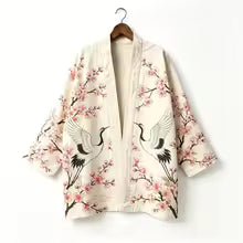 Kimono japonais unisexe en coton, style vintage, imprimé floral Sakura et grue, pour l'été, la plage, ou comme veste décontractée ample bohème