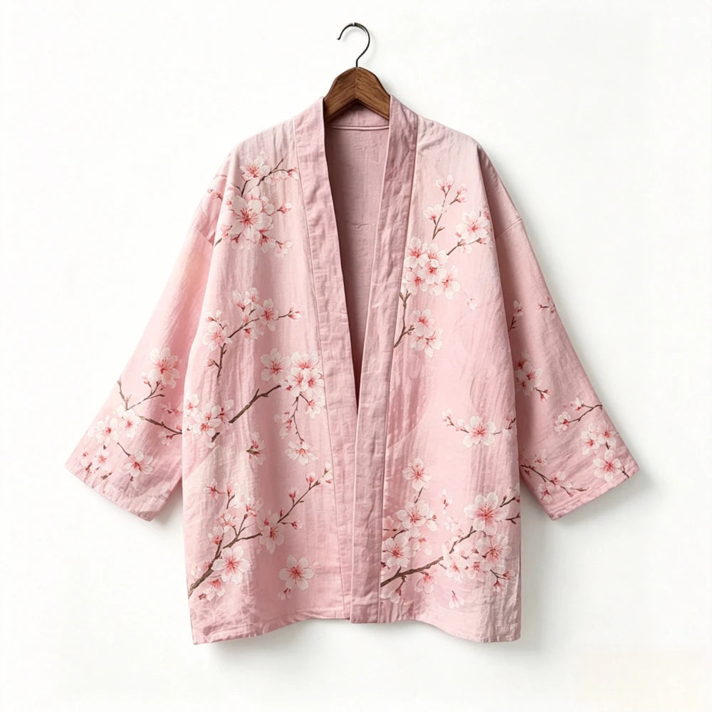 Kimono japonais unisexe en coton, style vintage, imprimé floral Sakura et grue, pour l'été, la plage, ou comme veste décontractée ample bohème