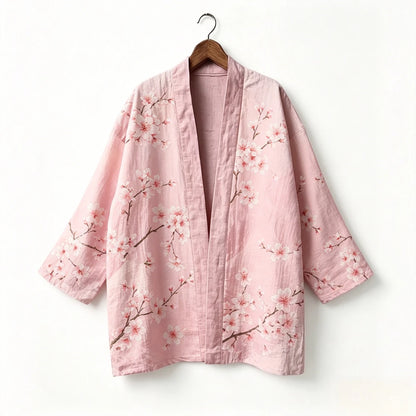 Kimono japonais unisexe en coton, style vintage, imprimé floral Sakura et grue, pour l'été, la plage, ou comme veste décontractée ample bohème