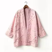 Kimono japonais unisexe en coton, style vintage, imprimé floral Sakura et grue, pour l'été, la plage, ou comme veste décontractée ample bohème
