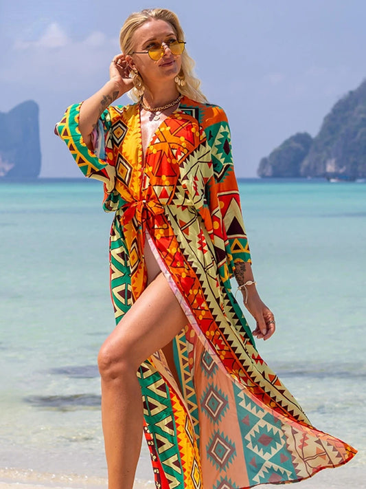 Kimono imprimé pour la plage, cover-up pour les maillots de bain, style boho, long, luxe, ceinturé, cape, vacances, soldes