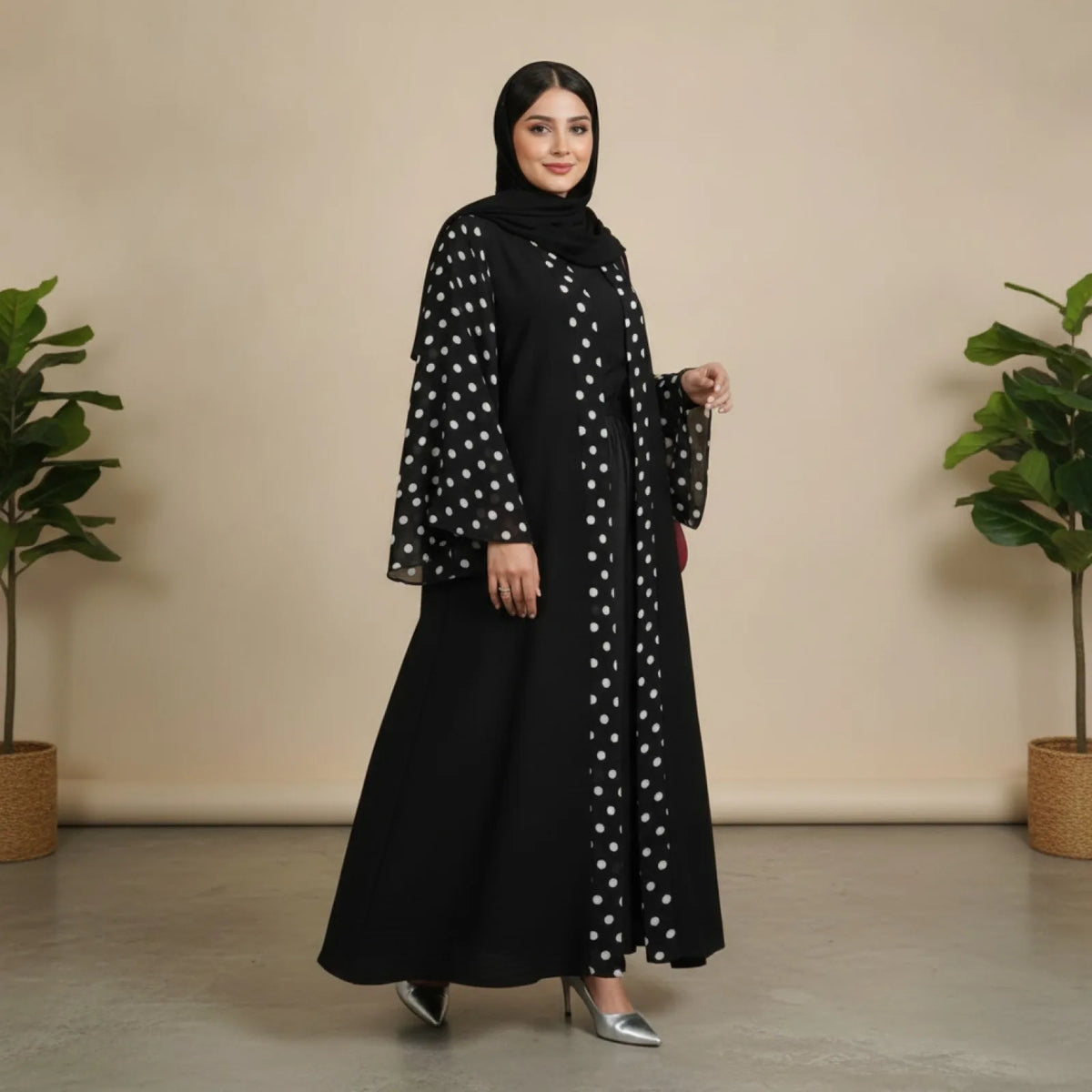 Robe Abaya Cardigan Pois Élégante Moderne