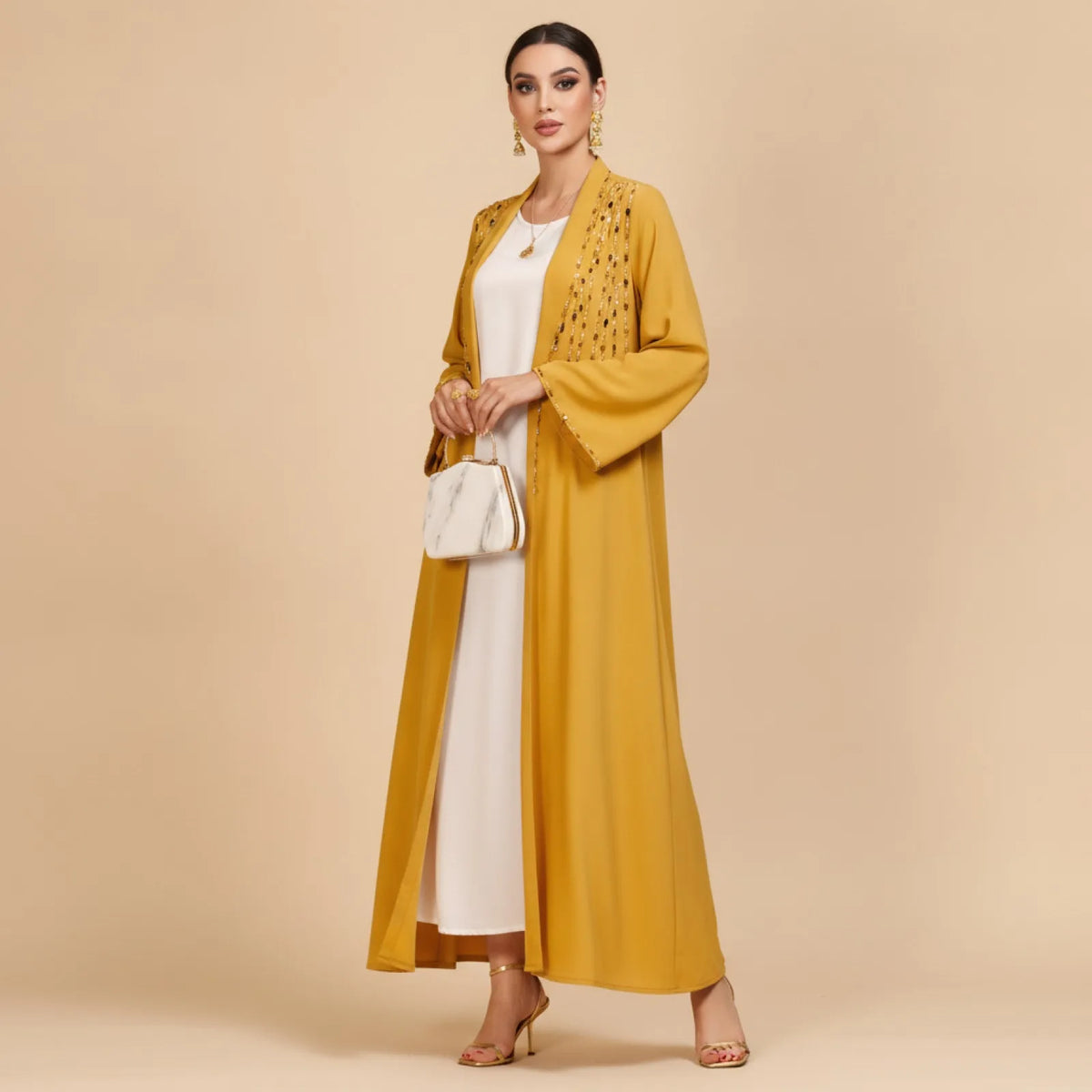 Abaya Kimono Dubaï Perlée et Strassée Jaune