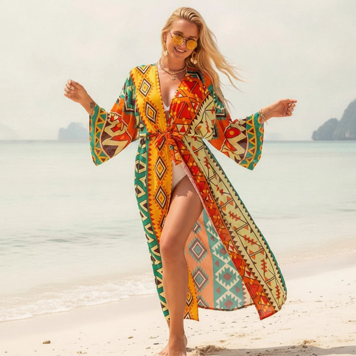 Kimono Long Bohème Imprimé - Chic & Confort Plage