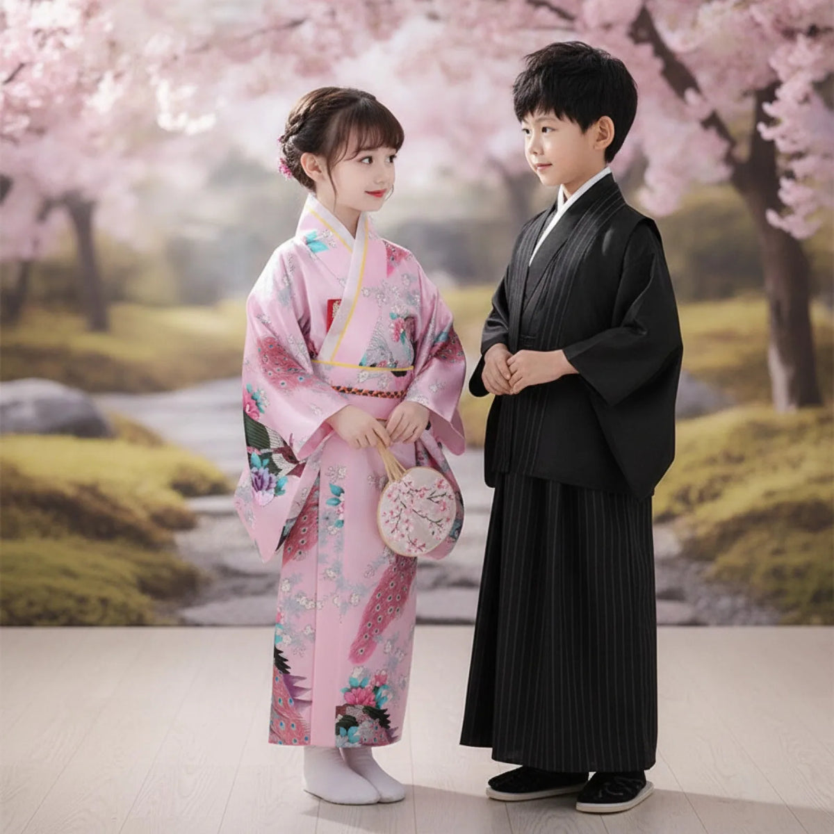 Kimono Enfant Motif Paon Traditionnel Japonais