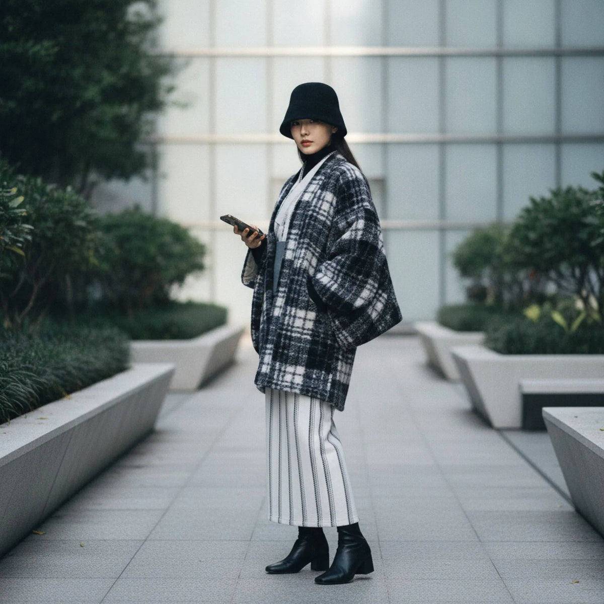 Kimono Haori Hiver Carreaux Fausse Fourrure