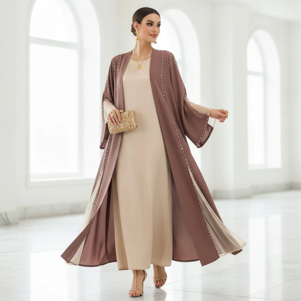 Abaya Kimono Cardigan Strass Coffee