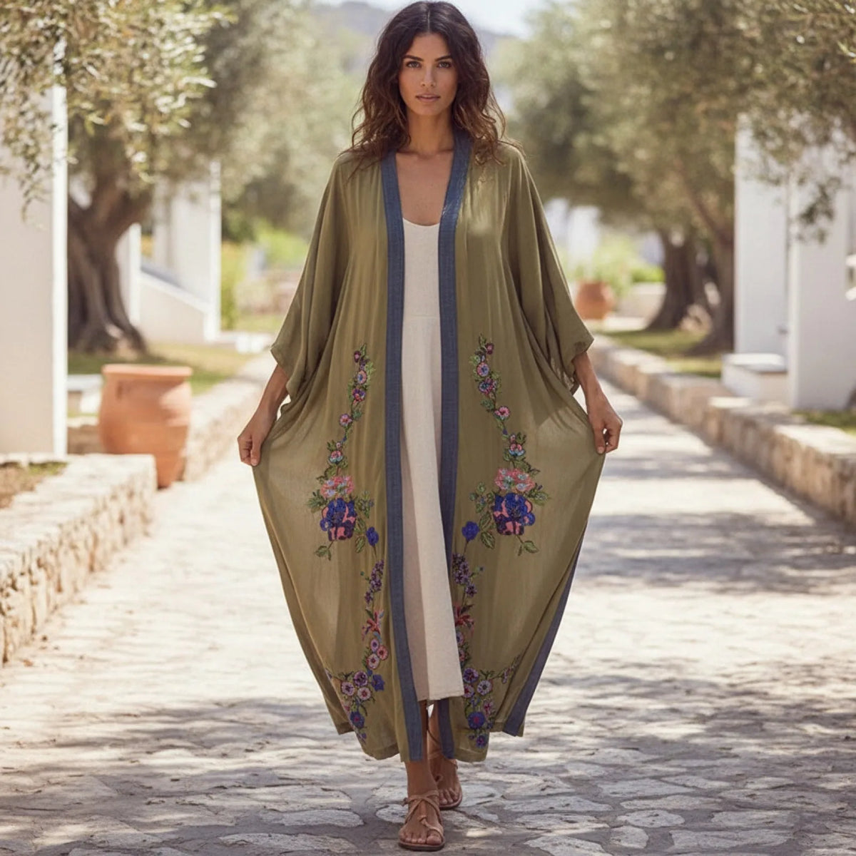 Kimono Bohème Chic Brodé Vert Armée