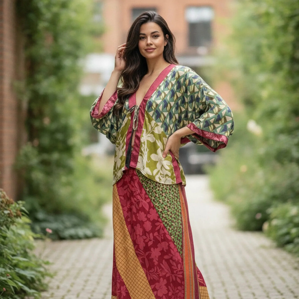 Ensemble Bohème Chic Floral Kimono & Jupe Mi-Longue