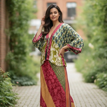 Ensemble Bohème Chic Floral Kimono & Jupe Mi-Longue