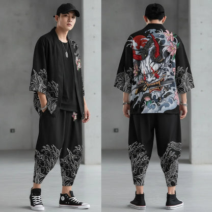 Ensemble Kimono Japonais Démon Haori & Pantalon