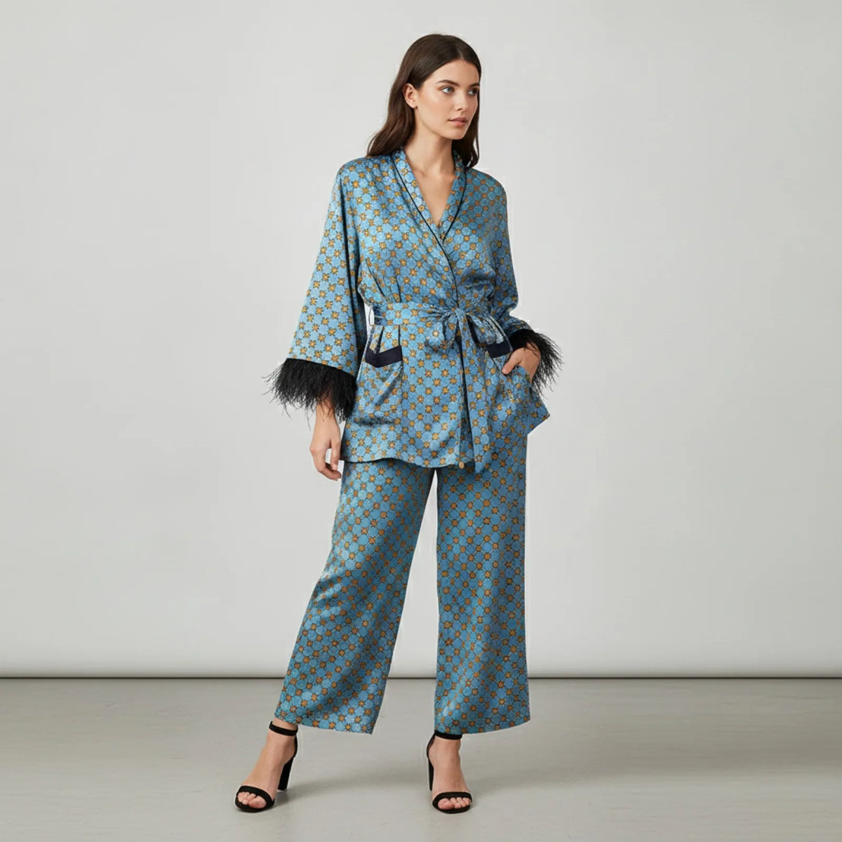 Ensemble Kimono Floral Bleu & Pantalon Large Vintage