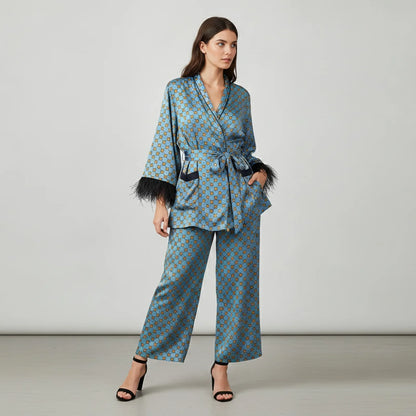 Ensemble Kimono Floral Bleu & Pantalon Large Vintage