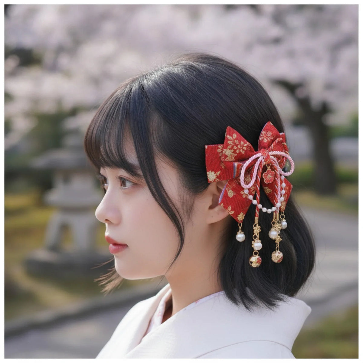 Épingle à Cheveux Pompon Rouge Style Japonais Sakura