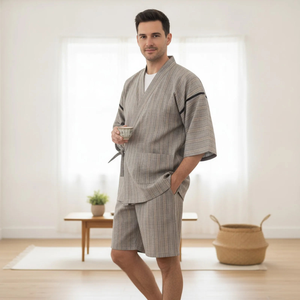 Kimono Homme Vintage Rayé Khaki