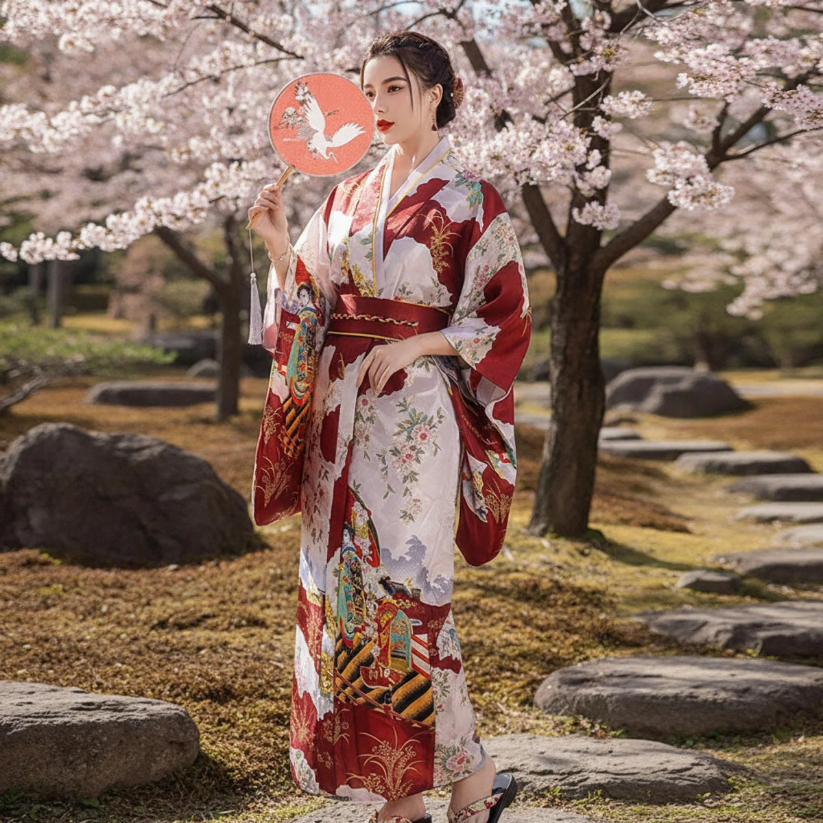 Robe Kimono Yukata Japonaise Bordeaux Fleurs