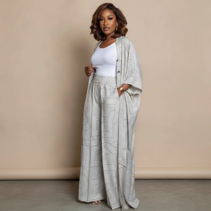 Ensemble 2 pièces femme : Blouse Kimono & Pantalon Large Gris Clair