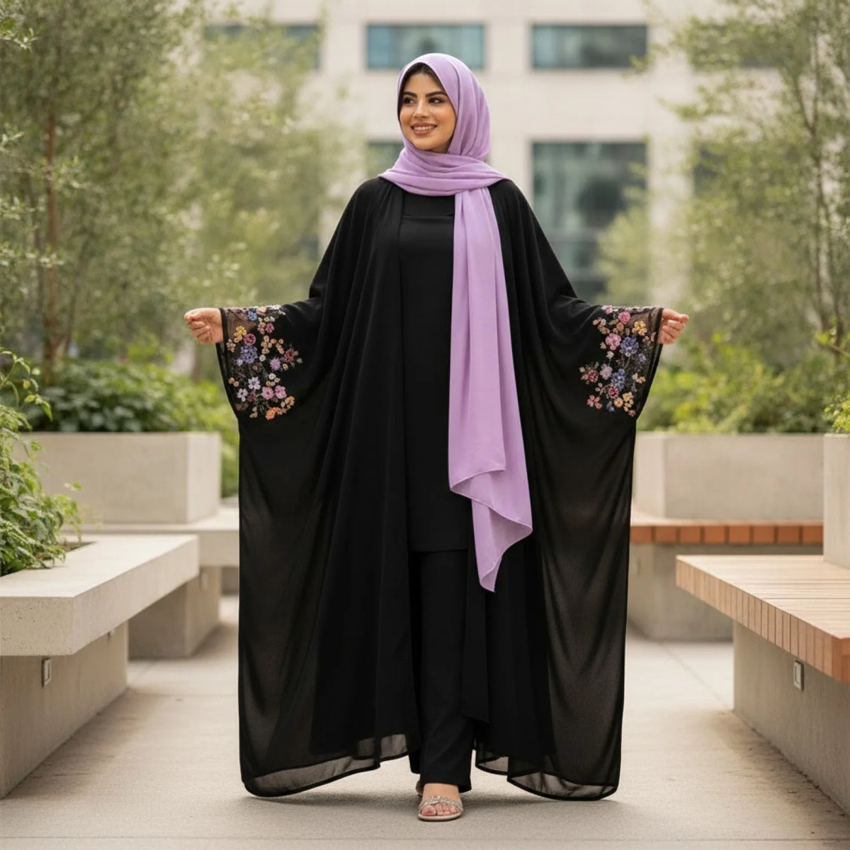 Abaya Kimono Longue Broderie Florale Pailletée