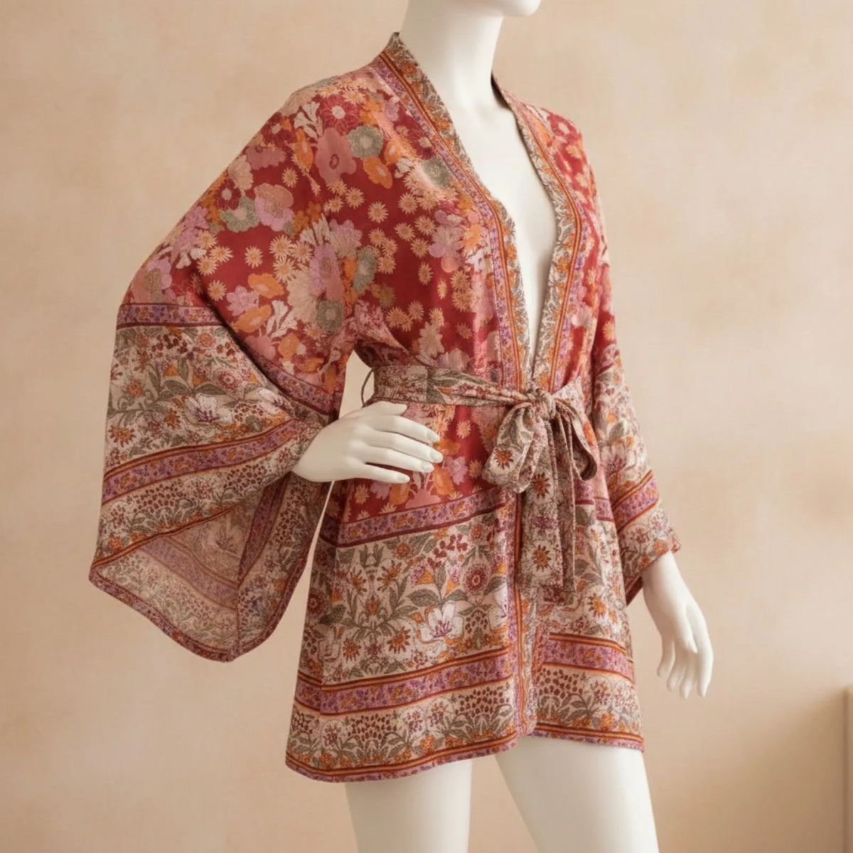 Kimono Bohème Floral Rouge Vintage