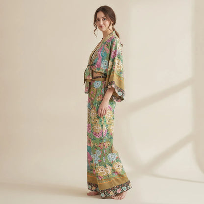 Ensemble Bohème Chic Kimono Fleuri & Pantalon Large