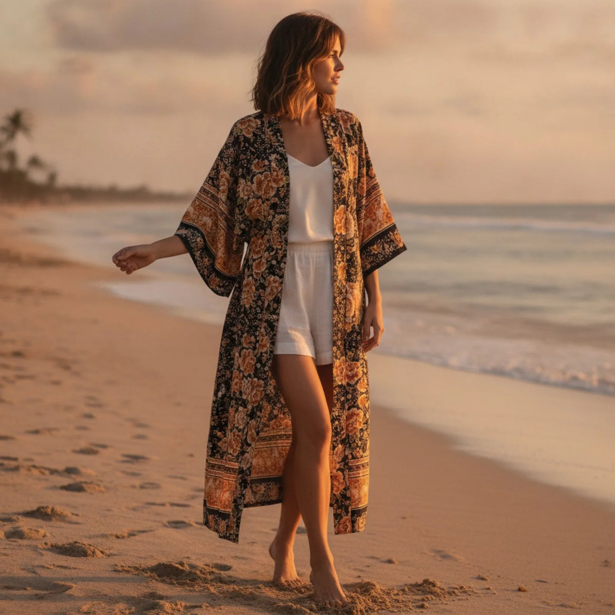 Kimono Bohème Chic Imprimé Floral Noir