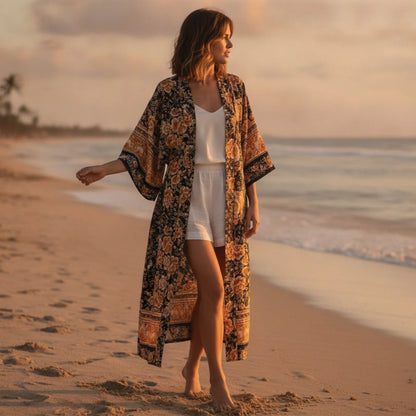 Kimono Bohème Chic Imprimé Floral Noir