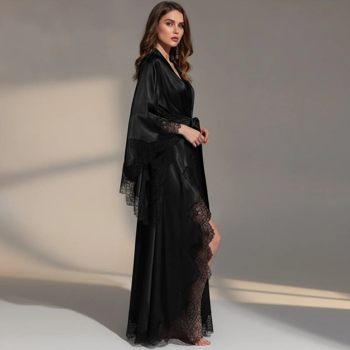 Robe Kimono Longue Satin Soie & Dentelle
