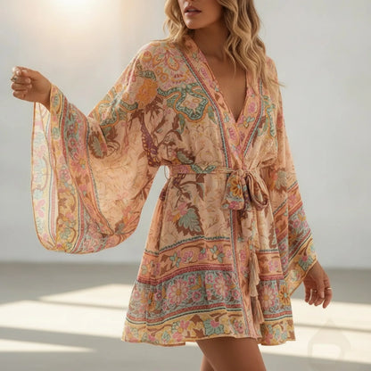 Kimono Bohème Paon Floral Vintage