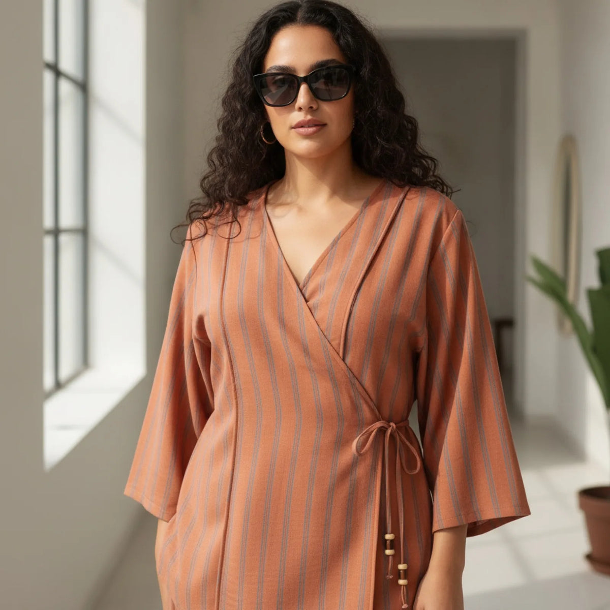 Ensemble Chic Femme : Chemise Kimono Col V & Pantalon Rayé