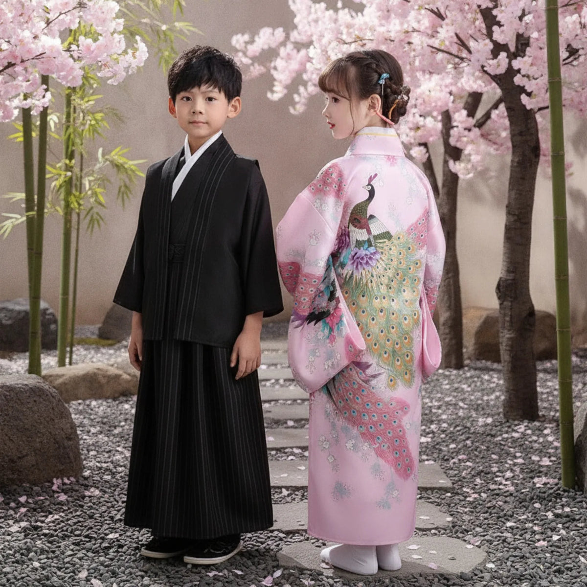 Kimono Enfant Motif Paon Traditionnel Japonais