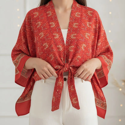 Kimono Bohème Fleuri Rouge Court