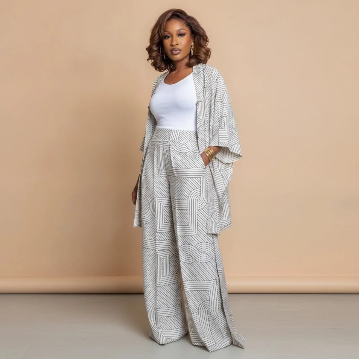 Ensemble 2 pièces femme : Blouse Kimono & Pantalon Large Gris Clair