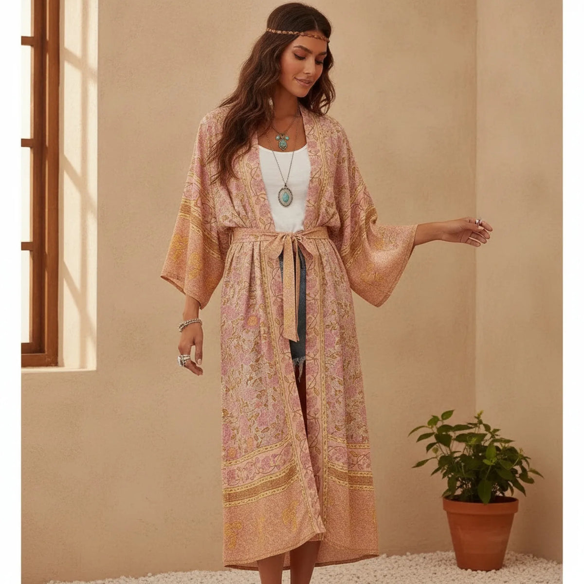 Kimono Bohème Floral Rose Happie Queens