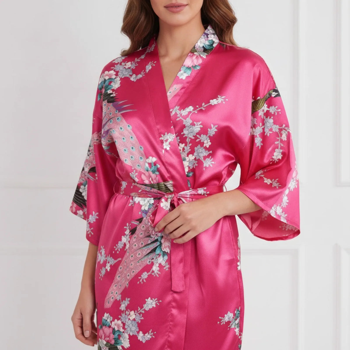 Peignoir Long Soie & Satin Motif Floral
