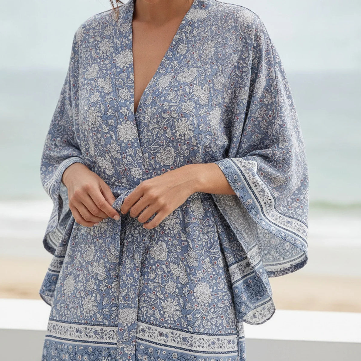 Robe Kimono Bohème Fleurie Manches Chauve-Souris