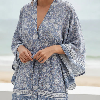 Robe Kimono Bohème Fleurie Manches Chauve-Souris