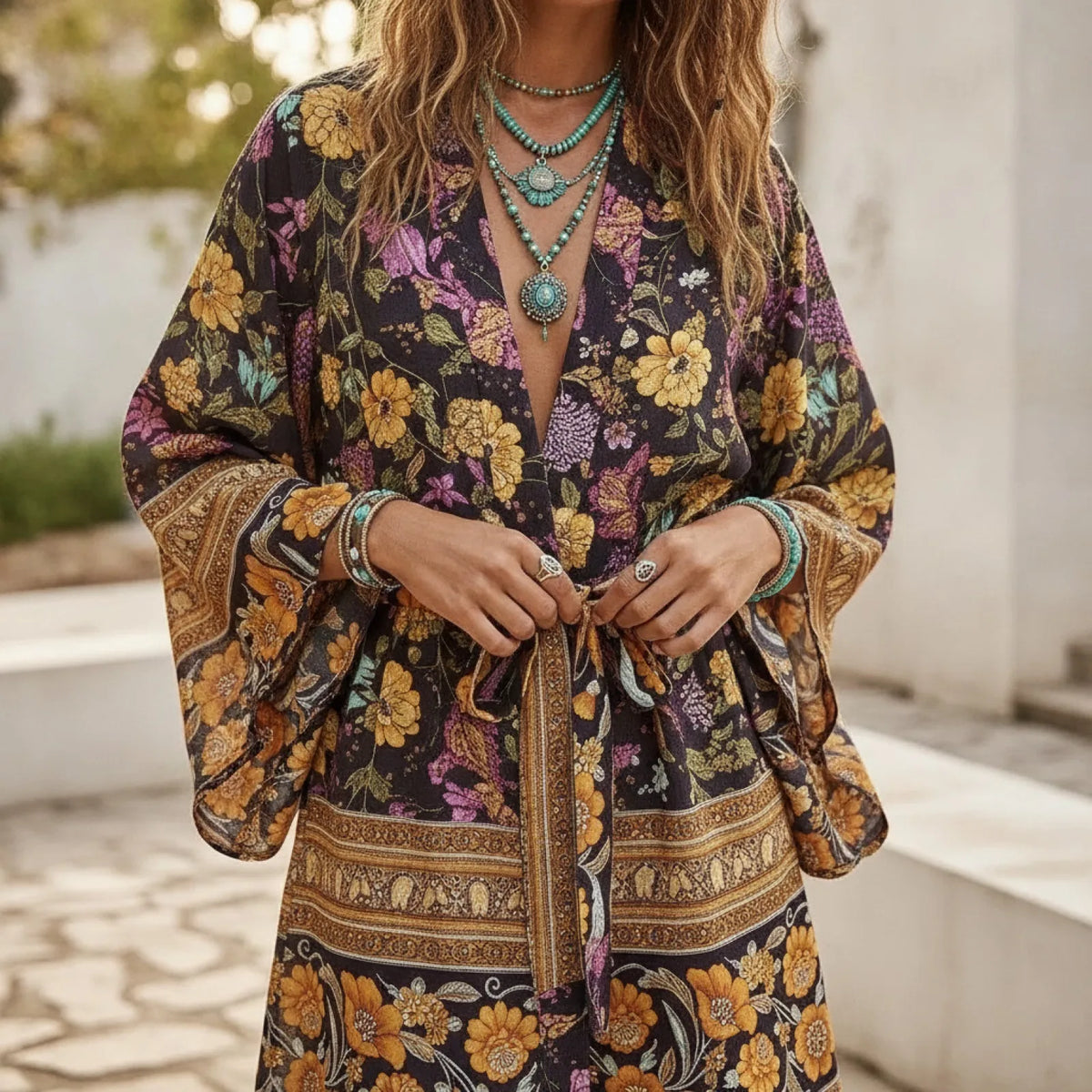 Robe Kimono Bohème Fleurie Pompons