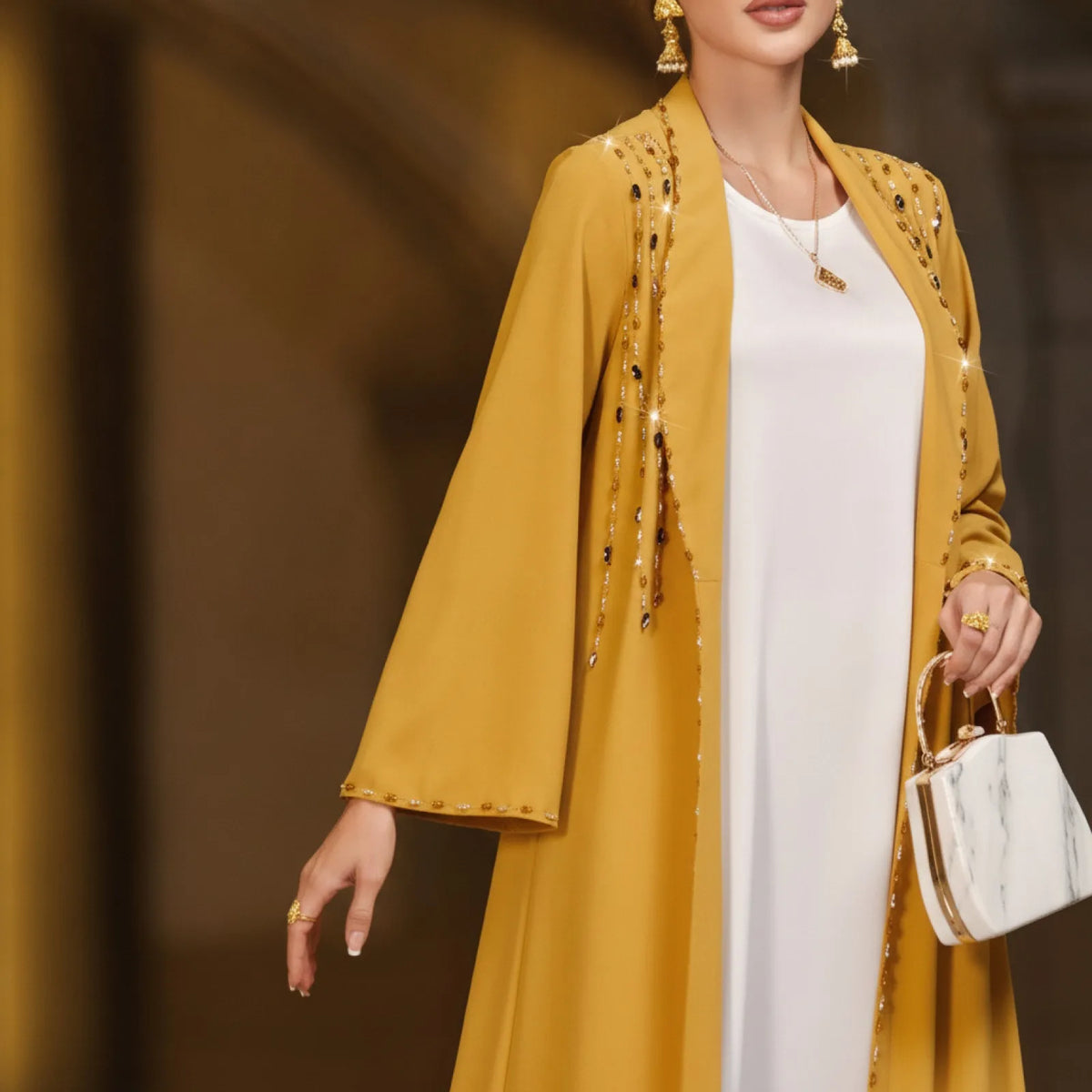 Abaya Kimono Dubaï Perlée et Strassée Jaune