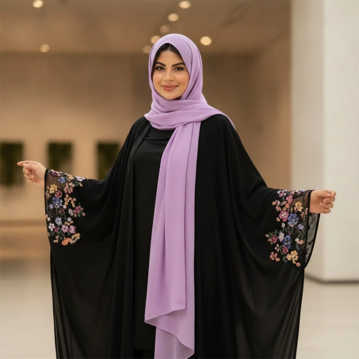 Abaya Kimono Longue Broderie Florale Pailletée