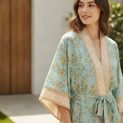 Kimono Bohème Floral Vert Rayonne
