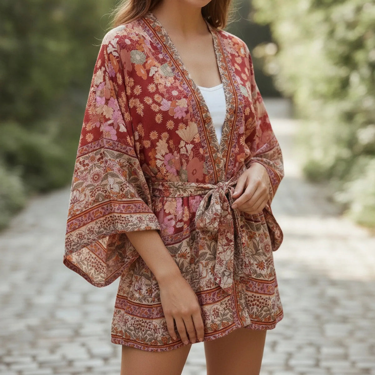 Kimono Bohème Floral Rouge Vintage