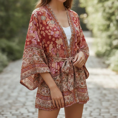 Kimono Bohème Floral Rouge Vintage