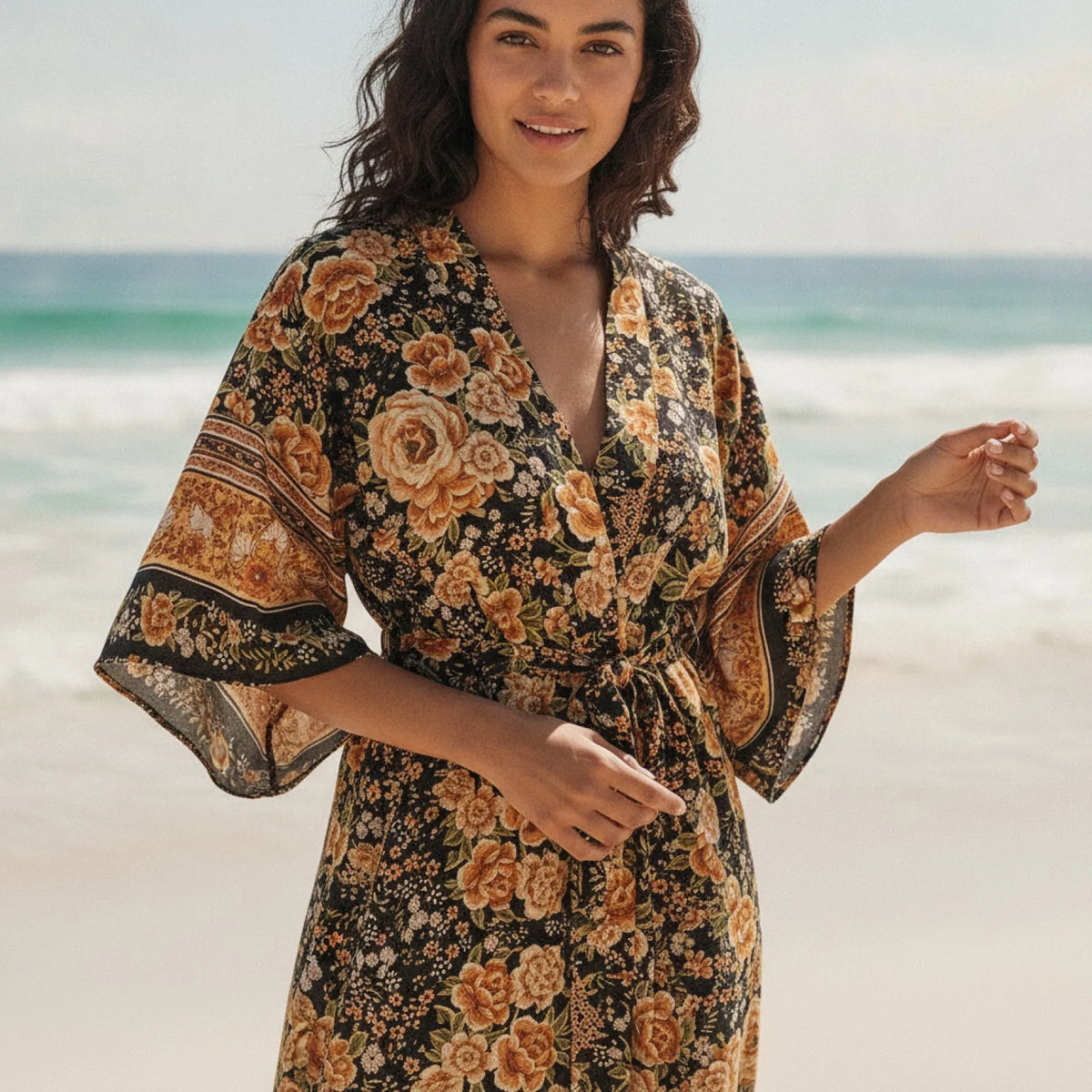 Kimono Bohème Chic Imprimé Floral Noir