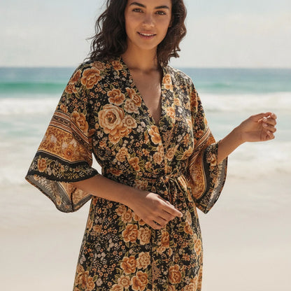 Kimono Bohème Chic Imprimé Floral Noir