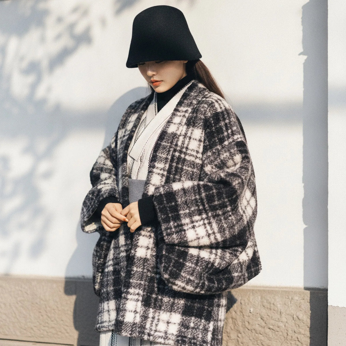 Kimono Haori Hiver Carreaux Fausse Fourrure
