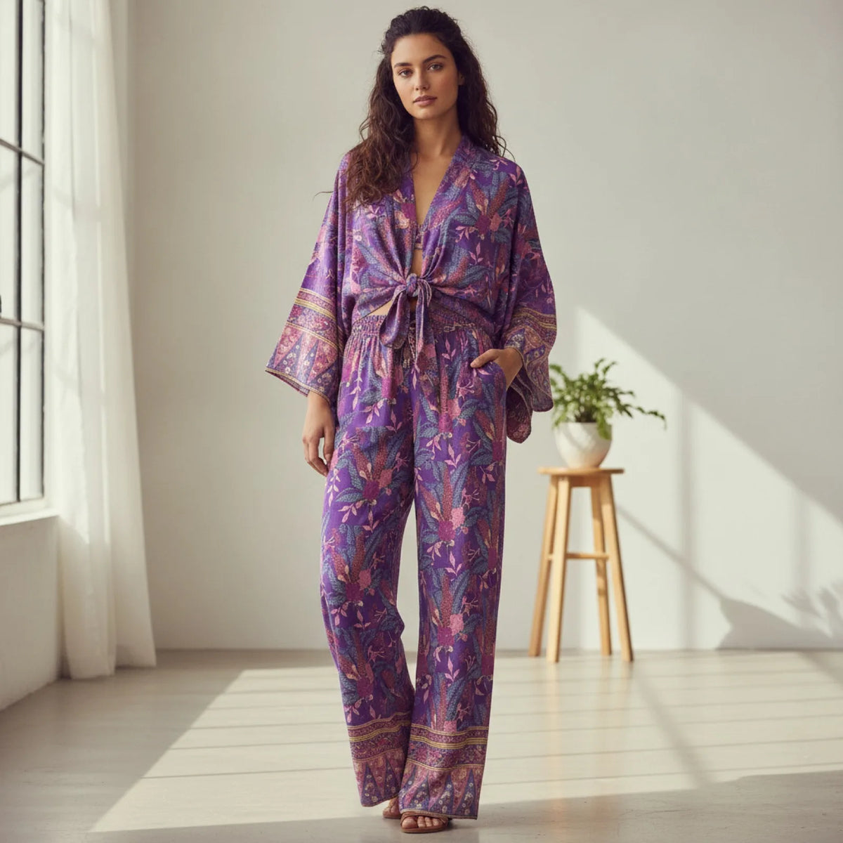 Boho Dinner ens-Tenues à imprimé floral violet pour femmes, kimono court, robe bohème, olympiques, pantalons à jambes larges, rayonne, ensembles de maillots de bain, 2 pièces