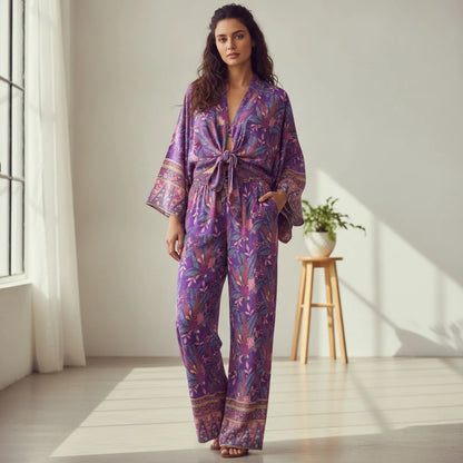 Boho Dinner ens-Tenues à imprimé floral violet pour femmes, kimono court, robe bohème, olympiques, pantalons à jambes larges, rayonne, ensembles de maillots de bain, 2 pièces