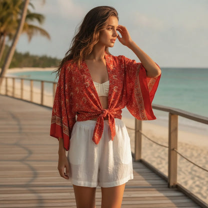 Kimono Bohème Fleuri Rouge Court