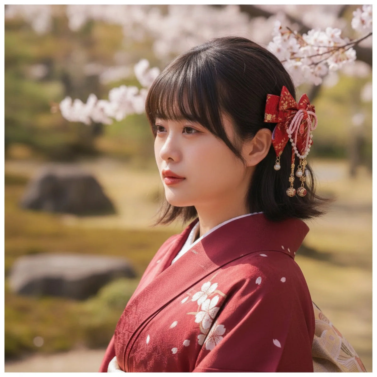 Épingle à Cheveux Pompon Rouge Style Japonais Sakura